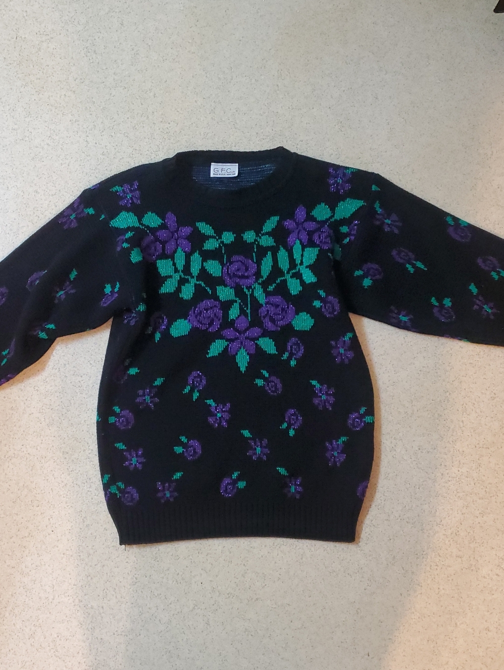 Black Floral Knit Sweater with Purple & Green Motif
